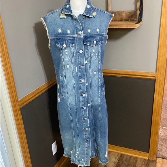 Veveret Distressed Sleeveless Longline Denim Jacket dress size small - Picture 1 of 11